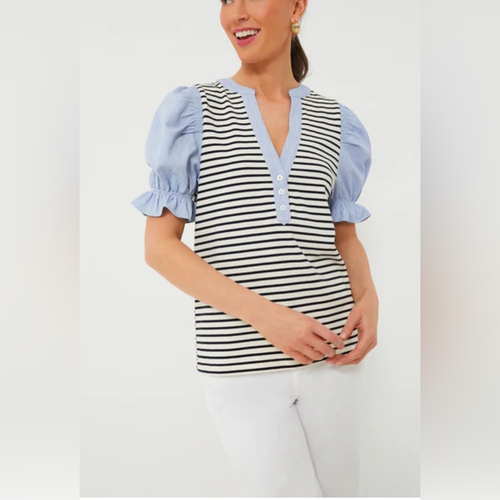 Veronica Beard Women’s Raegan Mixed-Media Top Puffed Ruffle Short Sleeves V-Neck - Picture 8 of 16